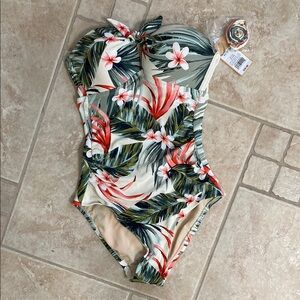 Kona Sol Green and Red One Piece Swimsuit with Tropical Print